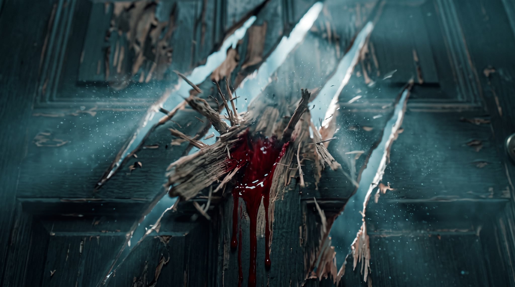 The gash tears through the door